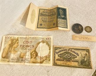 Foreign Money-German 10,000 Marks, Chinese Trade Coins, 100 Francs, Canadian 25 cent note.