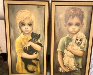 Vintage Margaret Keane Big Eyes "The Stray" and "No Dogs Allowed" Set with brass tags marked "Walter Keane".