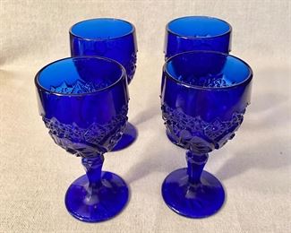 Vintage Degenhart Glass Buzz Saw Cobolt Blue Wine Glasses