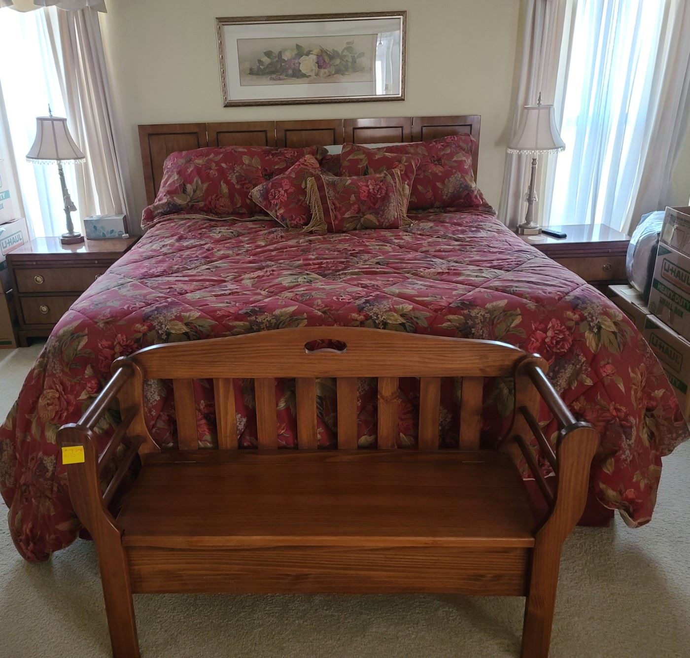 Cal King Aireloom mattress/box springs; $450 with linens.  Storage bench; $150.