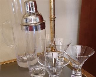 Mid Century martini set (pitcher, stir wand, shaker & 4 martini glasses); $125/set.