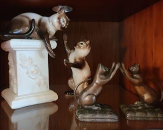 Mid Century porcelain Siamese cat figurines; $95/pair.  Bronze cat bookends; $95/pair.