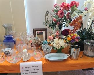 Angels, glass vases & floral arrangements; $1-$15 each.