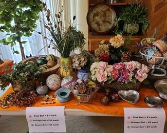 Orbs, mosaic balls, floral arrangements & more; $1-$5 each.  Large silk tree; $65.  Large decorative plate w/stand; $20.