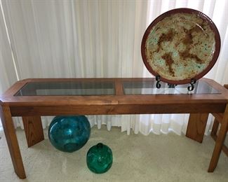 Wood sofa/console table with glass inserts; $150 each or $250 with square coffee table.