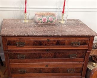 Antique chest with burled inlay and marble top