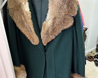 Green wool coat with fur collar and cuffs