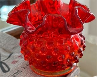 Fenton red amberina hobnail glass vase