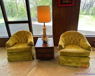 Vintage Green Velvet Swivel Lounge Chairs