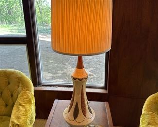 MCM Pottery Table Lamp with Walnut Accent