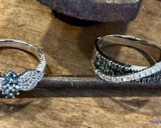 14kt Gold Blue and White Diamond Ring                                       14kt Gold Green and White Diamond Ring