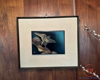 Artist Signed Japanese Lacquer Panel Elaborate Hawk