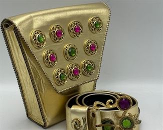 Vintage Nina Arjani Geometric Gold Lame Belt and Bag.