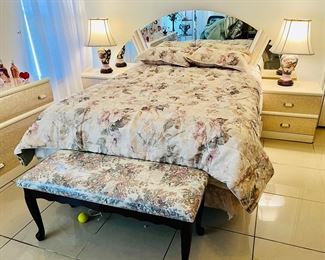 Mirror and two toned king size bedroom set. Headboard, two nightstands, and a dresser with mirror. (Owner has queen mattress set shown with this.)