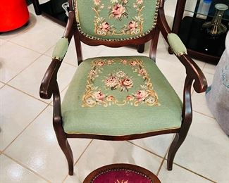 Green needlepoint chair and stool