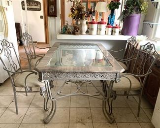 Iron, glass and marble top dining room table with 4 chairs