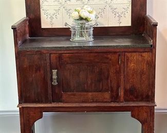 Antique Vintage English Marble Top Wash Stand Cabinet w/ original tile backsplash .