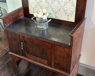 Antique Vintage English Marble Top Wash Stand Cabinet w/ original tile backsplash .