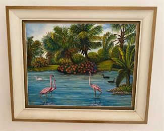 Original framed flamingo painting by Ann Watson 22" X 18" Sarasota, FL Jungle Gardens, Sarasota Jungle Gardens