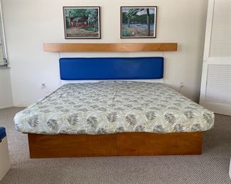 Modern Style Hand Made King Bed  with two storage benches and light bar by William Watson.  Platform bead with 4 drawers 12" tall.  Headboard 16" X 78" Light Bar 6" X 96" 