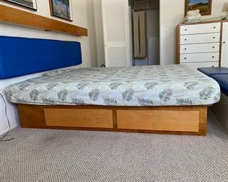 Modern Style Hand Made King Bed  with two from storage benches and light bar by William Watson.  Platform bead with 4 drawers 12" tall.  Headboard 16" X 78" Light Bar 6" X 96" 