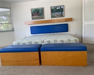 Modern Style Hand Made King Bed  with two from storage benches and light bar by William Watson.  Platform bead with 4 drawers 12" tall.  Headboard 16" X 78" Light Bar 6" X 96" 