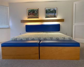 Modern Style Hand Made King Bed  with two storage benches and light bar by William Watson.  Platform bead with 4 drawers 12" tall.  Headboard 16" X 78" Light Bar 6" X 96" 