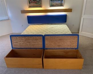 Modern Style Hand Made King Bed  with two storage benches and light bar by William Watson.  Platform bead with 4 drawers 12" tall.  Headboard 16" X 78" Light Bar 6" X 96" 