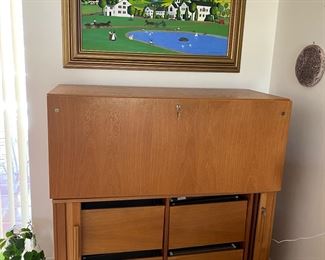 Copenhagen Imports two piece folding desk with lock and four file drawers with locking doors. Top desk 20" X 46 1/2 x 19 1/2", Bottom file drawers 29 x 46" x 19"