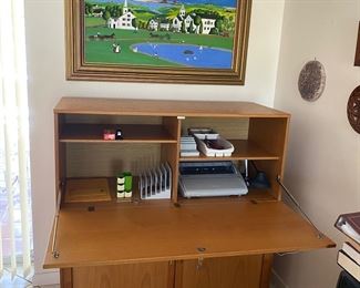 Copenhagen Imports two piece folding desk with lock and four file drawers with locking doors. Top desk 20" X 46 1/2 x 19 1/2", Bottom file drawers 29 x 46" x 19"