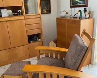 Mission style wood and upholstery reclining arm chair with stool seat 17"  Back 40". Depth 41" Width 34"