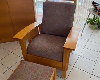Mission style wood and upholstery reclining arm chair with stool seat 17"  Back 40". Depth 41" Width 34"