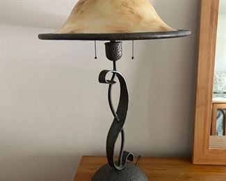 Cast iron table lamp with frosted glass shade
