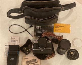 Canon AE-1, auto winder, strap, manual, 3 lenses, Vivitar flash & accessories