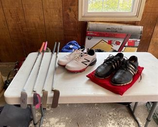 Various putters & men's golf shoes size 11