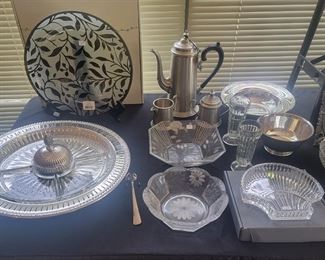 Lenox Botanical Boutique Platter, English Pewter Coffee Pot w/Cream & Sugar, Waterford Shell Shaped Crystal Bowl, Silver Plate Bowls and more