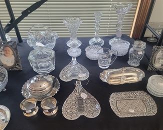 Crystal Basket, Eapg Antique Lillie Pickle Relish Dish Daisy Button Heart Shaped Flint Glass, Silver Plate Butter Dish and more.