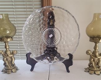 Pr. of Candle Holders & Fosteria America Cube Pattern Round Serving Tray