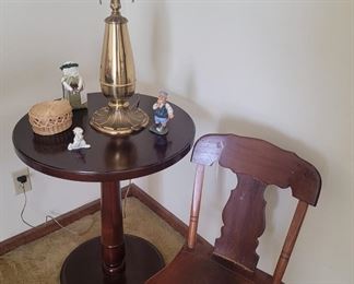 Round End Table with Heavy Brass Lamp and Childs Rocking Chair