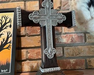 Vintage Freestanding Punched Tin Rustic Metal Wood Alter Cross 15"