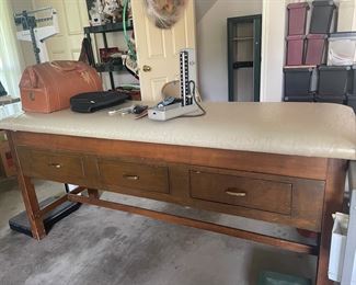 Vintage doctors, examining table, scale, and other items