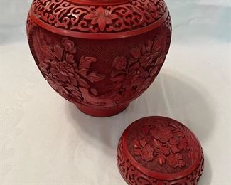 vintage lacquered cinnabar ginger jar w/brass rims