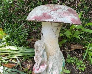 vintage concrete garden mushroom w/gnome