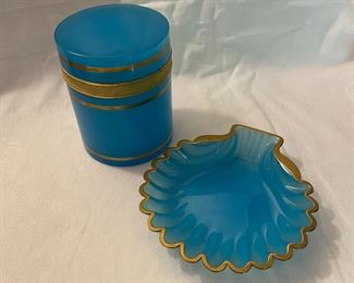 exquisite mid century opaline glass shell dish and jar w/lid