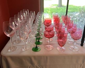 Stephen Smyers glasses, French MCM green stem glasses by Luminarc Verrerie D'arques, West Virginia Rose Luster glasses