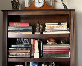 art nouveau bookends and figurines, alabaster obelisk, art, architecture and history books