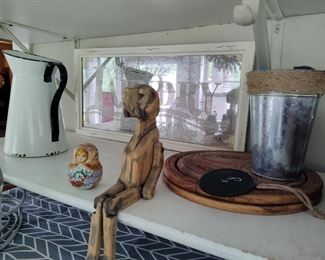 Misc Decor: dog, laundry mirror, enamel pitcher