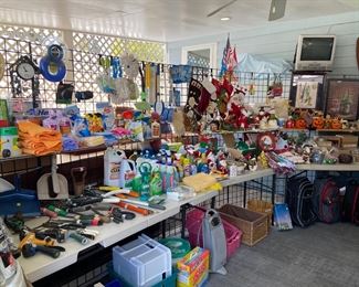 misc yard hand tools, cleaning supplies and Christmas