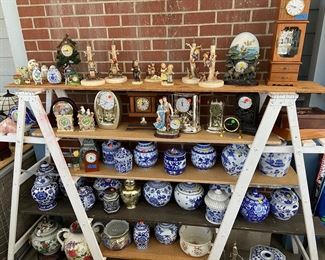 Hummel figurines, clocks and the blue ginger jars