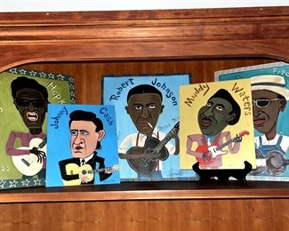 Original signed Jackie Underwood folk art paintings: Muddy Waters, Johnny Cash, Lightnin Hopkins, Robert Johnson and Fred McDowell